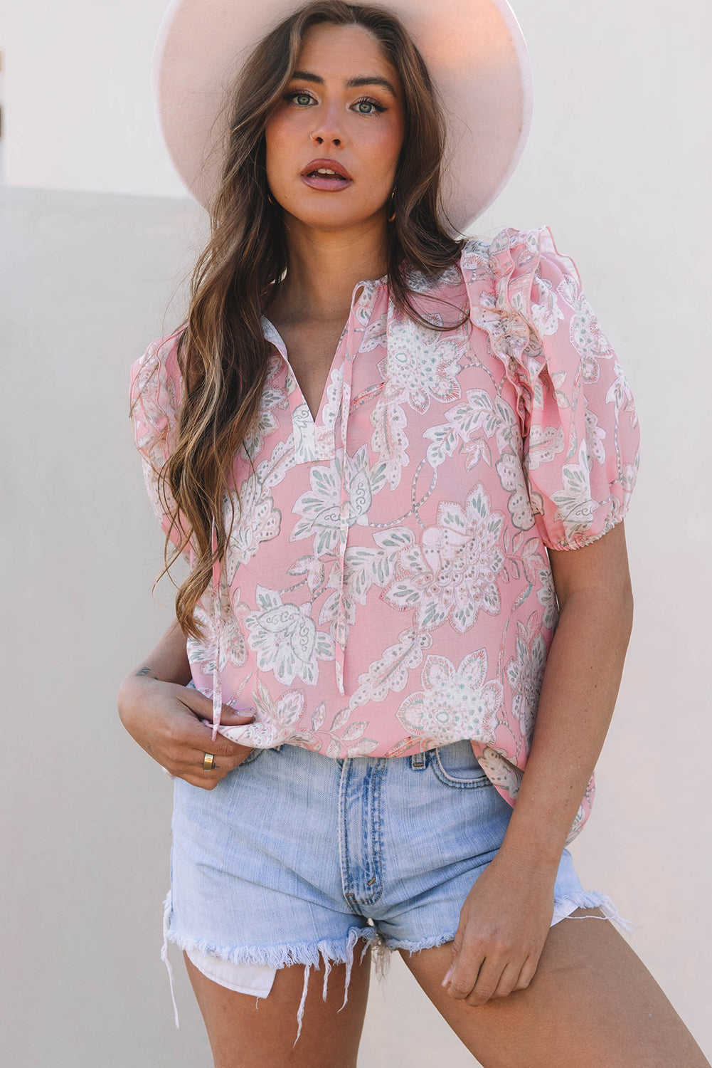 Threaded Pear Cattleya Floral Drawstring V Neck Puff Sleeve Loose Blouse