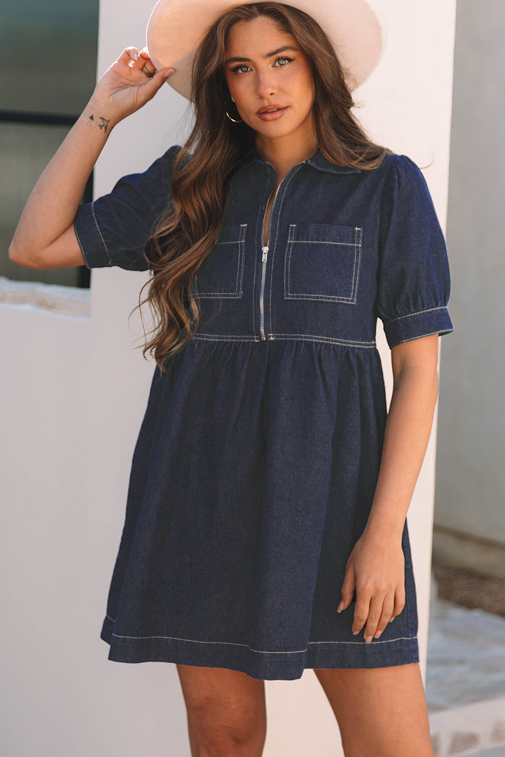 Threaded Pear Melina Zipped up Denim Dress