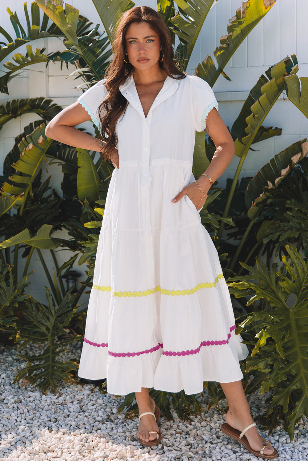 Threaded Pear Aleah Rickrack Trim Short Sleeve Long Dress