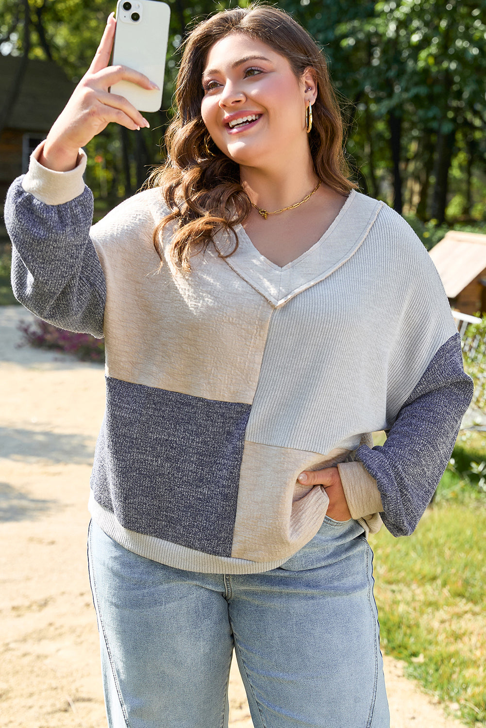 Threaded Pear Elaina Plus Size Textured V Neck Top