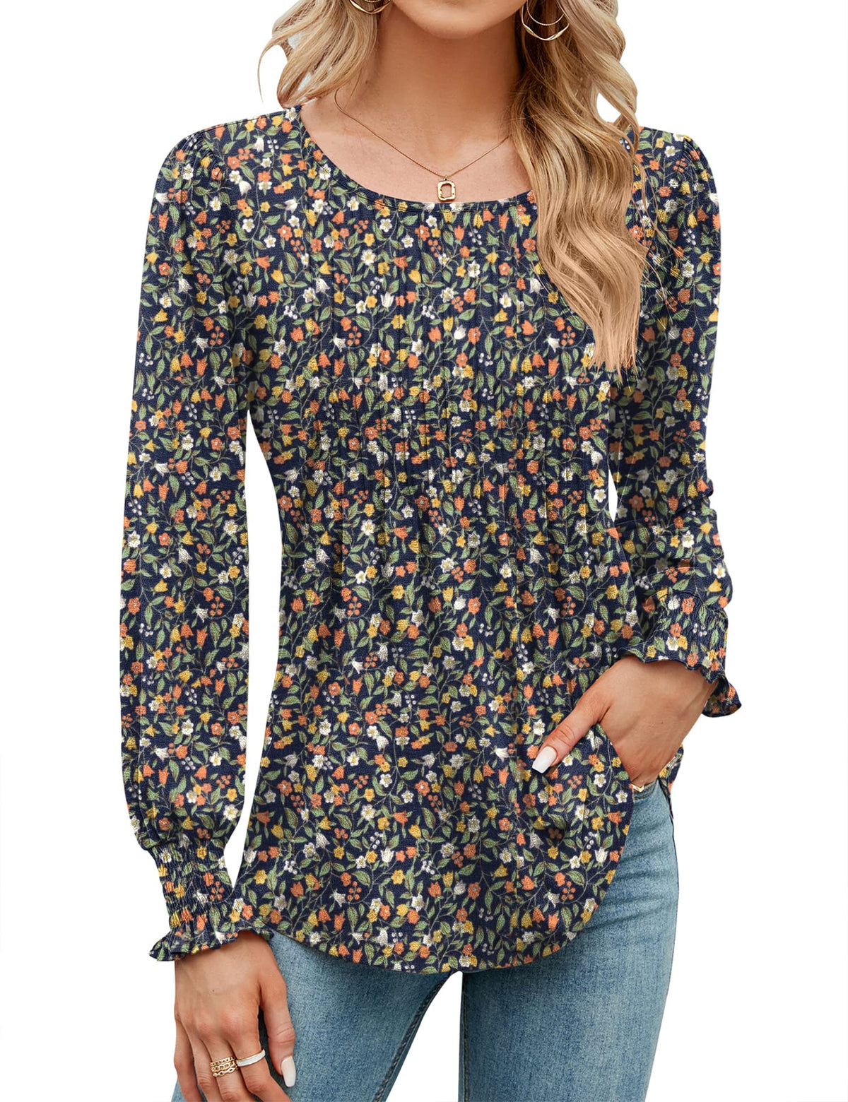 ✨Puff Long Sleeve Pleated Crew Neck Tunic Top