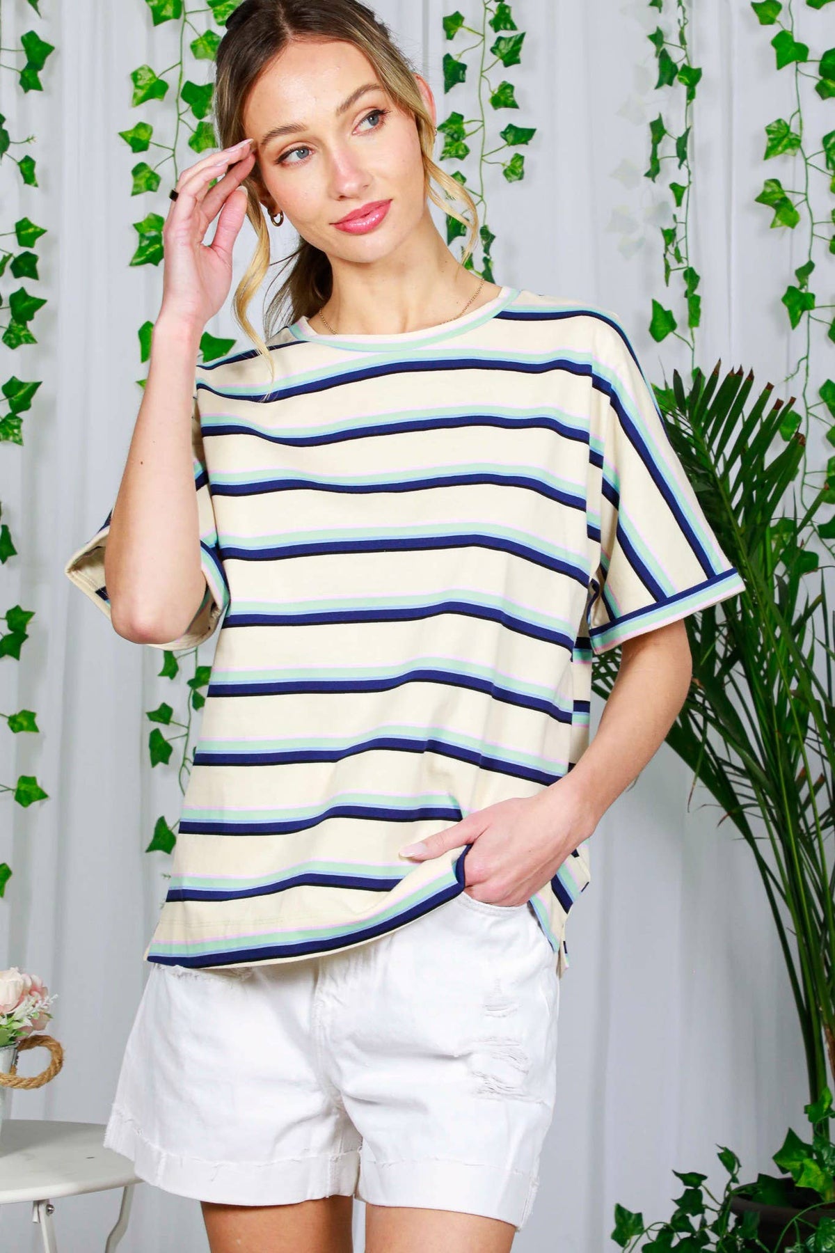 Bethany Crew Neck Roll-Up Sleeve Multi Strip Cotton Knit Top