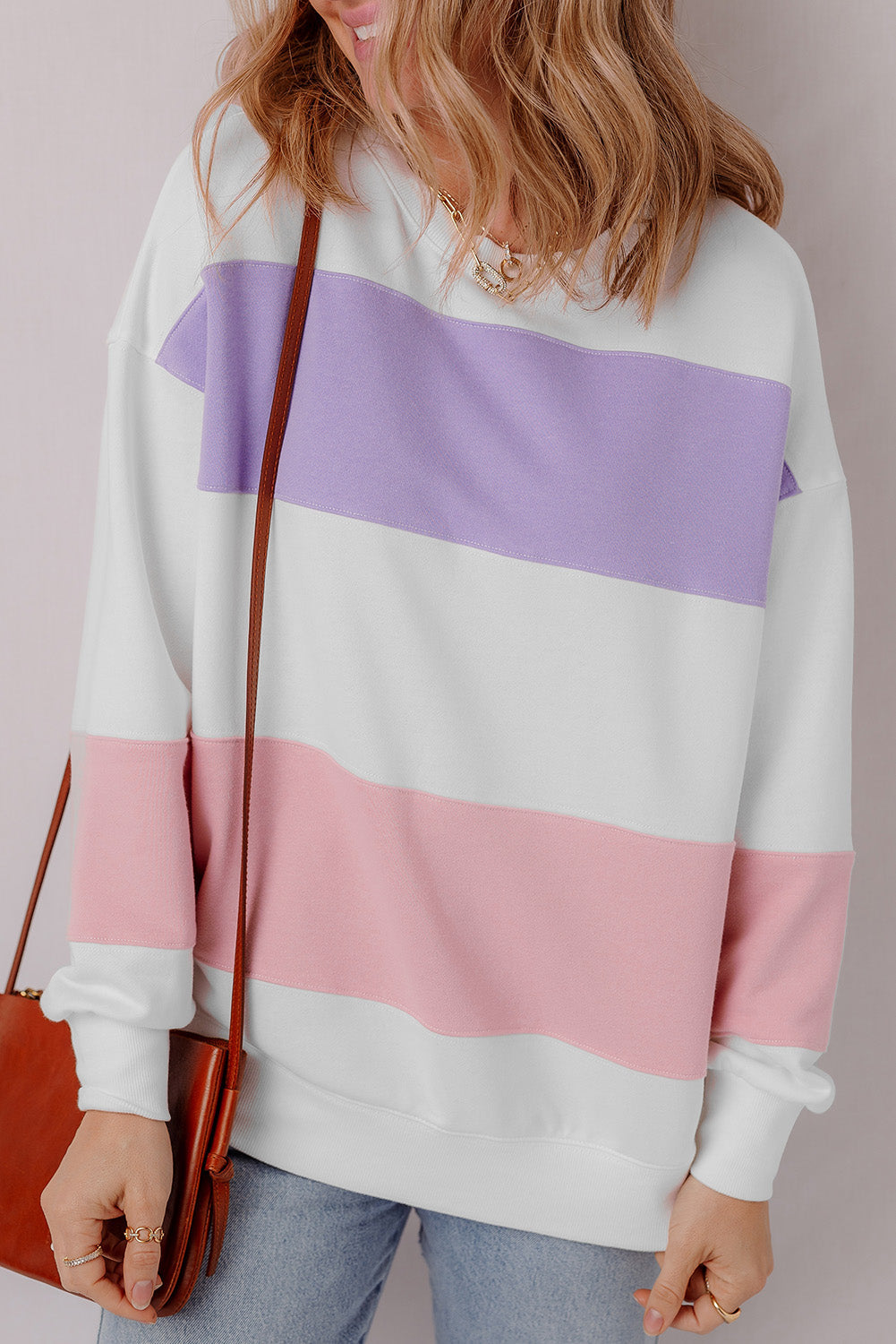 Threaded Pear Beige Colorblock Patchwork Drop Shoulder Crewneck Sweatshirt