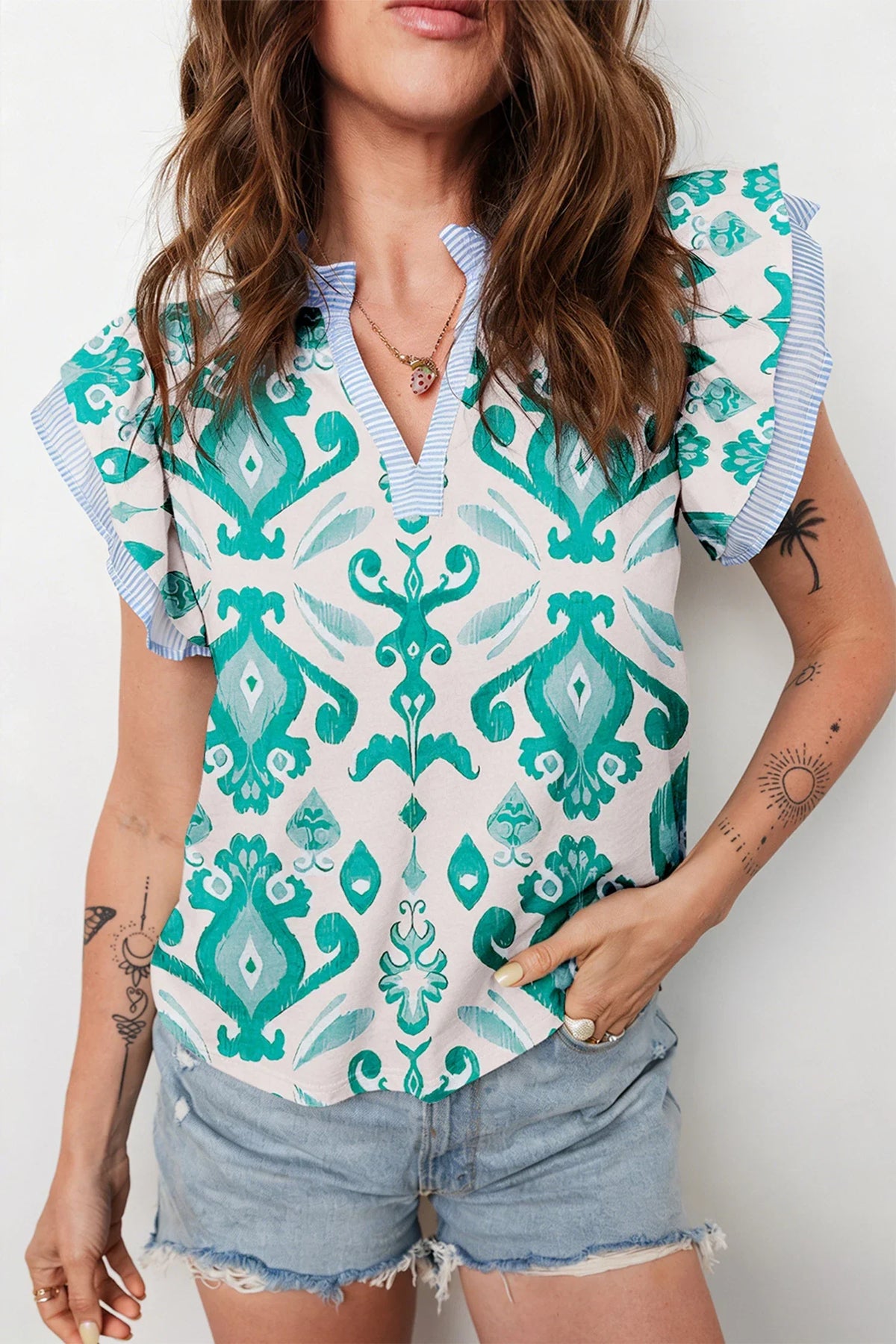 Arianna - Sky Blue Ethnic Print Striped Trim Flutter Sleeve Top