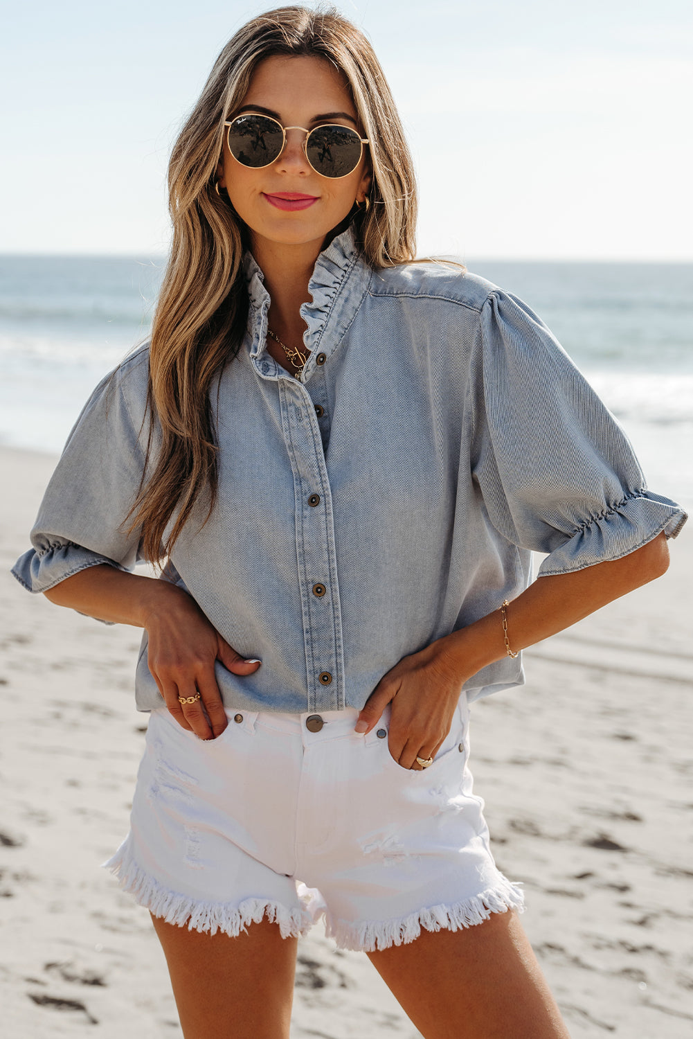 Threaded Pear Aya Ruffle Short Puff Sleeve Summer Chambray Top