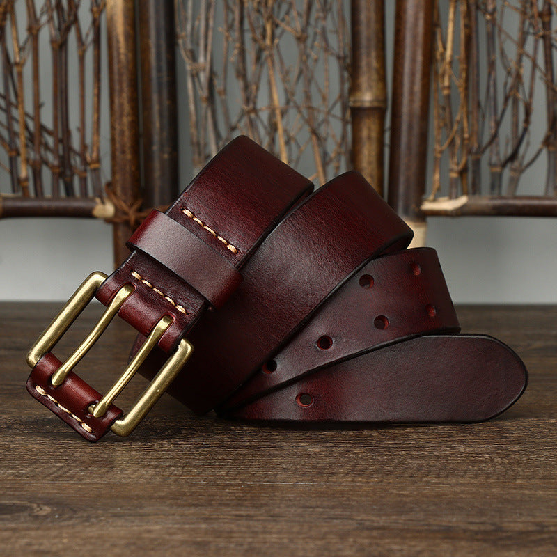 Men’s First-Layer Cowhide Leather Belt | High-Sense Vintage Brass Buckle Waistband | Trendy Minimalist Rugged Heritage Belt | Luxury-Label Statuesque Radiant Accessory | 2026 High-Fashion Emerald-Luxe Essential