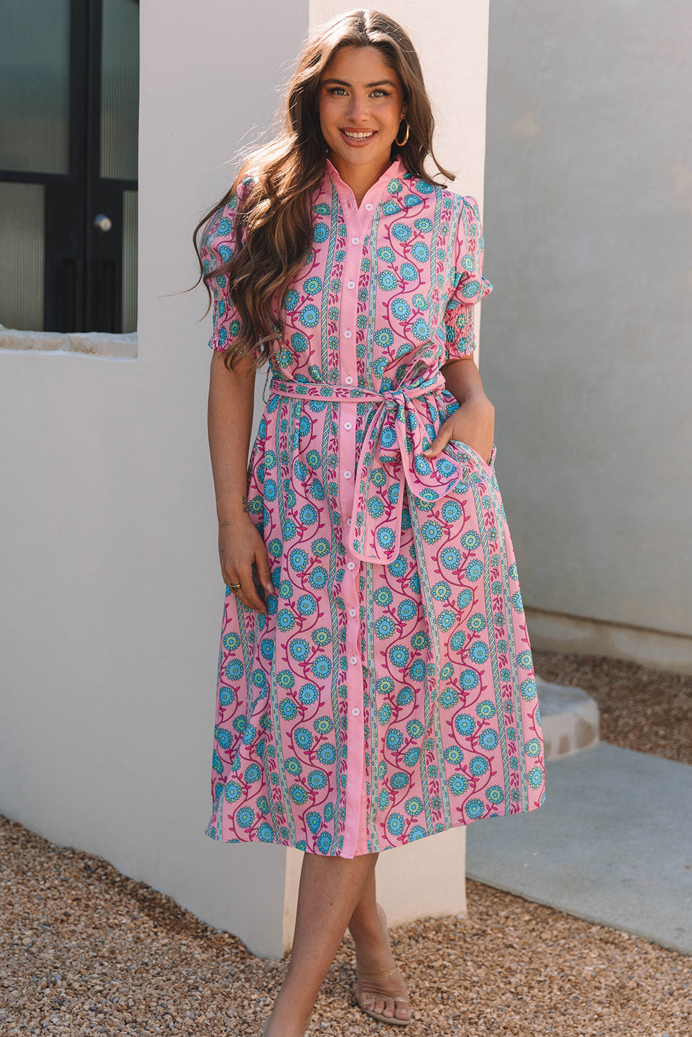 Threaded Pear Zariyah Floral Shirred Buttoned Front Midi Dress