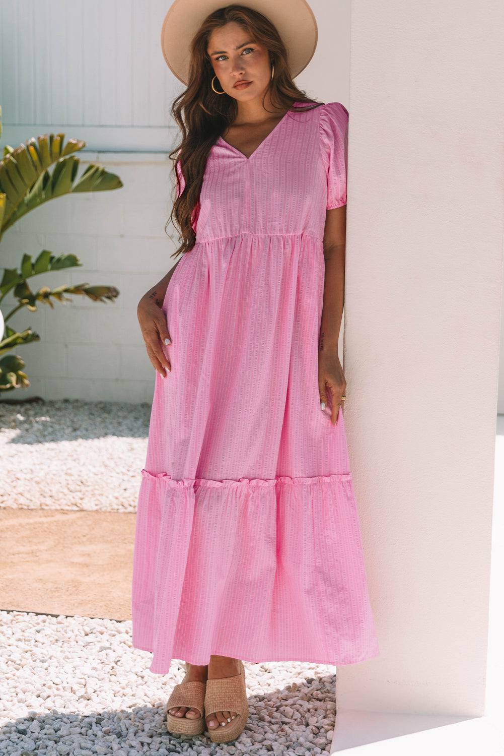 Threaded Pear Ella Stripe V Neck Puff Short Sleeve Maxi Dress