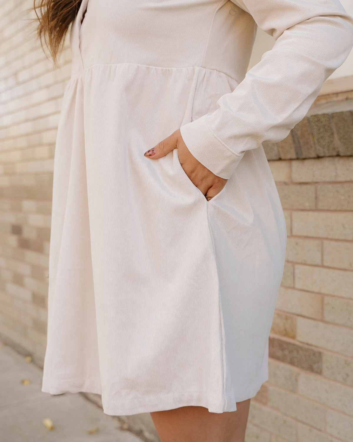 Abigail Corduroy Half Button Collared Long Sleeve Dress - Oatmeal