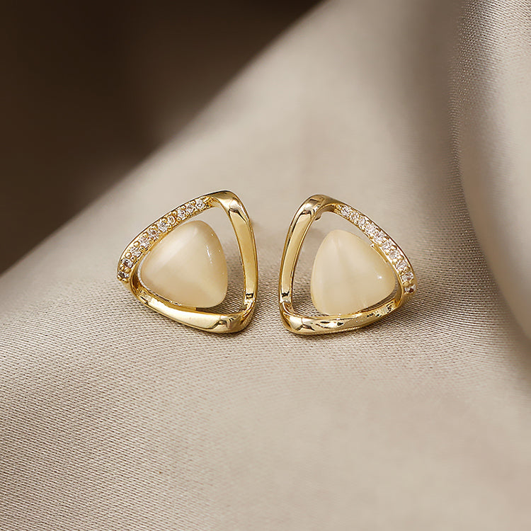 Luxury Cat’s Eye Flower Earrings | High-Sense Opal Geometric Studs | Square & Triangle Iridescent Jewelry | Elegant Floral Opal Earrings for Women