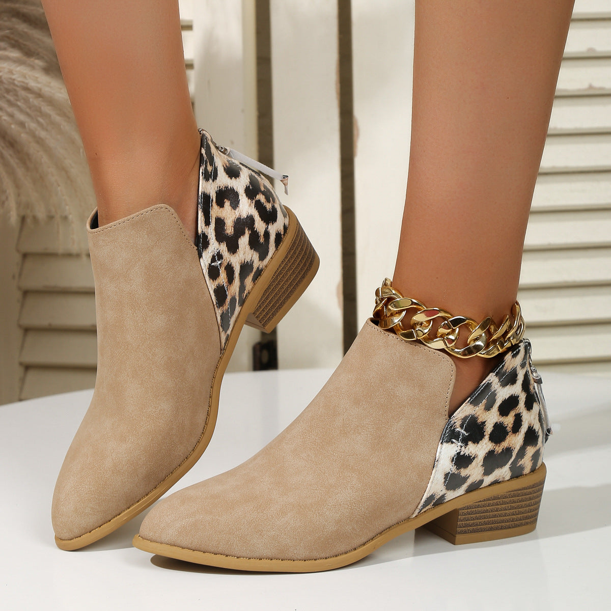 Women’s Fashion Leopard Print Ankle Boots | Pointed Toe Chunky High Heel Booties | Trendy Animal Print Back-Zipper Shoes | Wild & Elegant Statement Boots