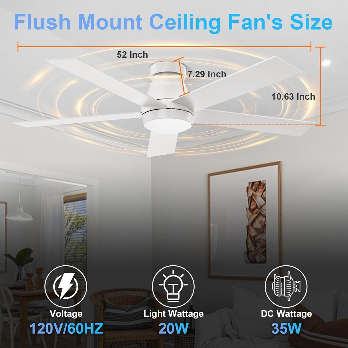 52 Inch White Ceiling Fan With Dimmable LED Lights by ShipItFurniture