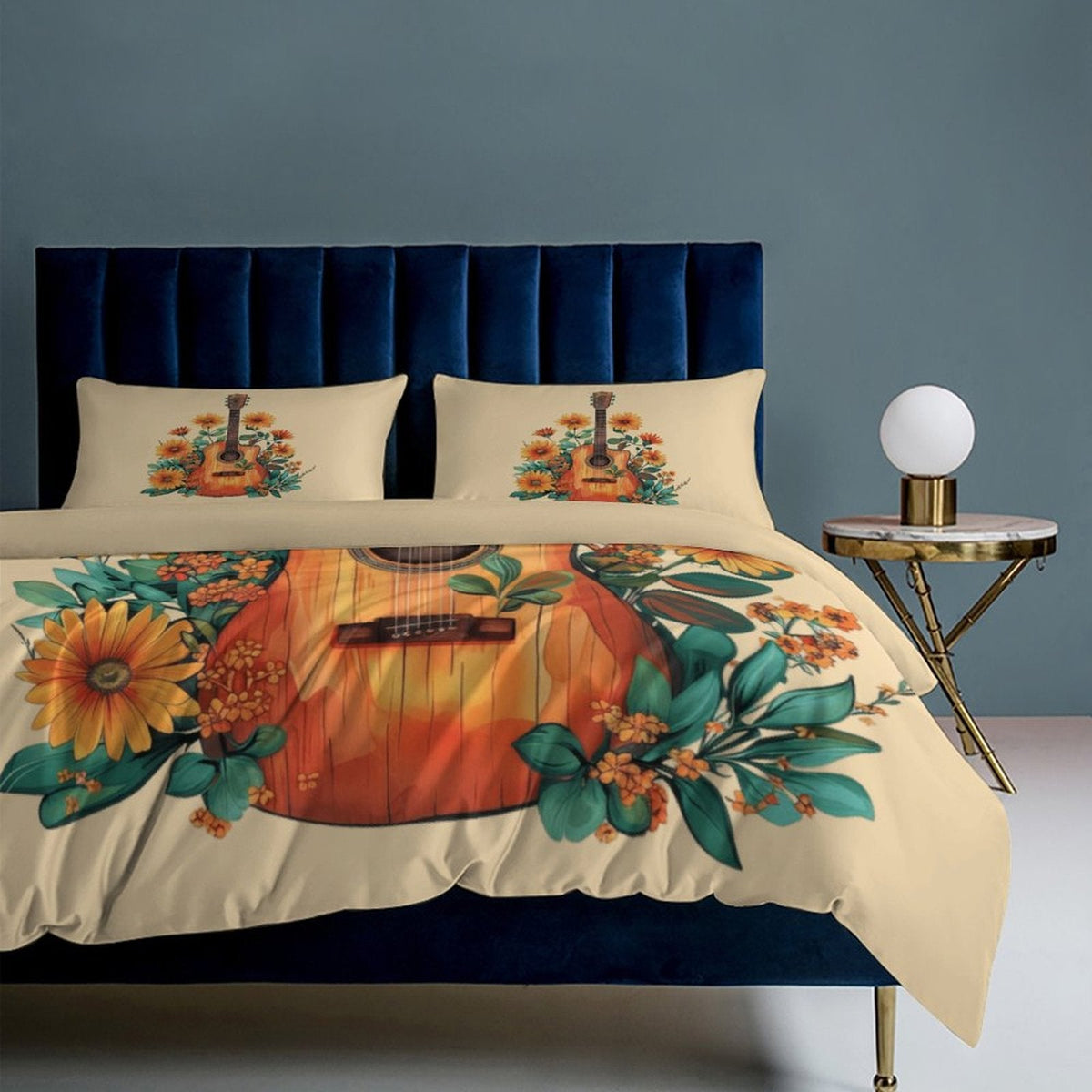 Boho Dolly Guitar Design 3-Piece Bedding Set (1 Duvet Cover + 2 Pillow Shams) – 102"×90"