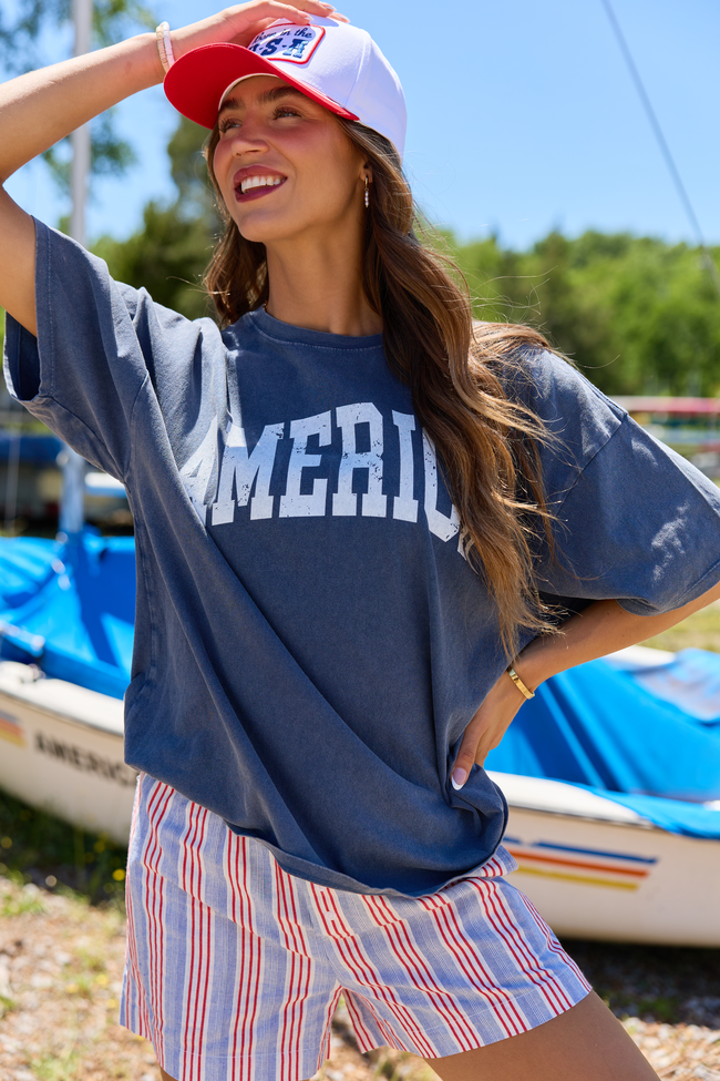 America Distressed Navy Oversized Graphic Tee