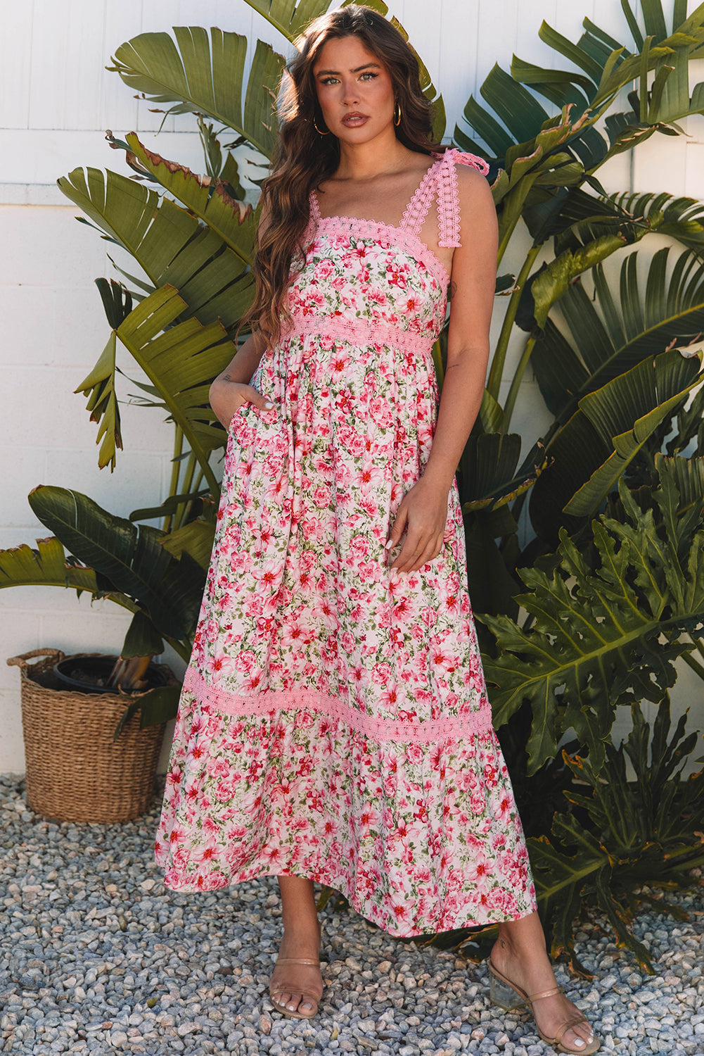 Threaded Pear Sasha Floral Lace Tied Strap Dress