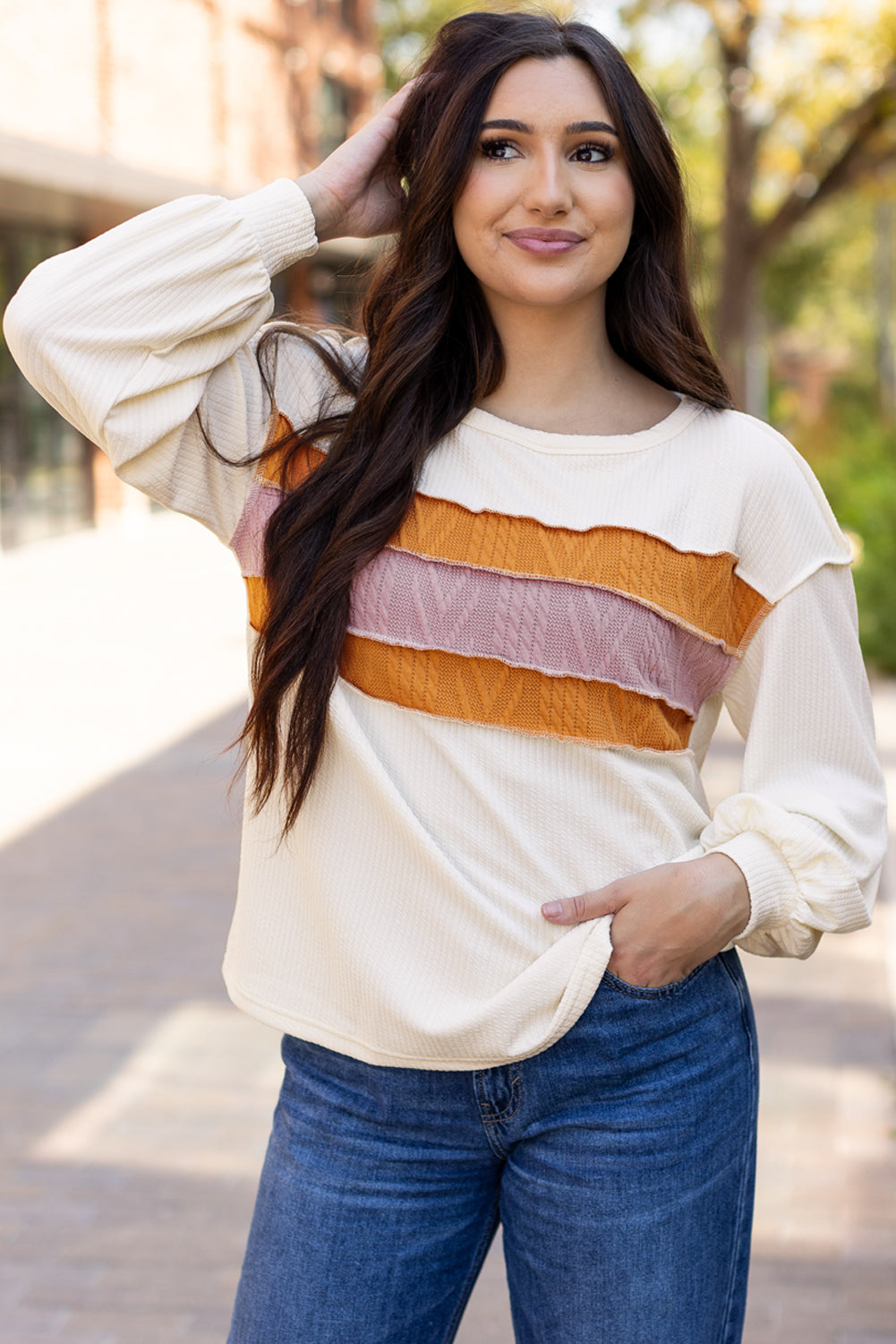 Threaded Pear Ember Exposed Seam Knit Patchwork Top