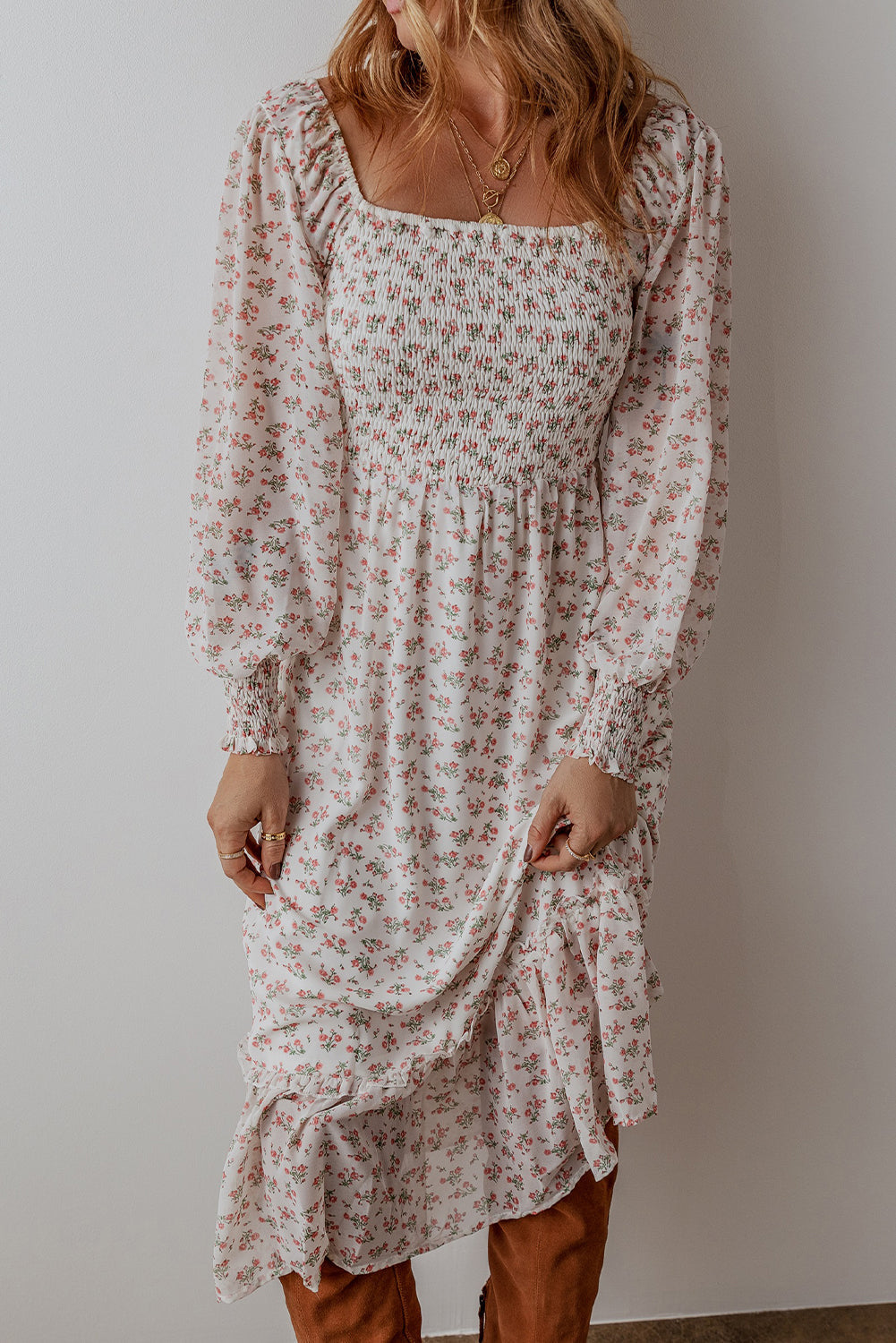 Threaded Pear Delaney Ruffled Hem Square Neck Midi Dress