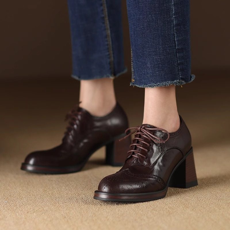 Women’s British Style Chunky Heel Pumps | Autumn Round Toe Block Heel Shoes | Classic Vintage Office Loafer Pumps | Trendy High-Sense Fall Footwear for Women