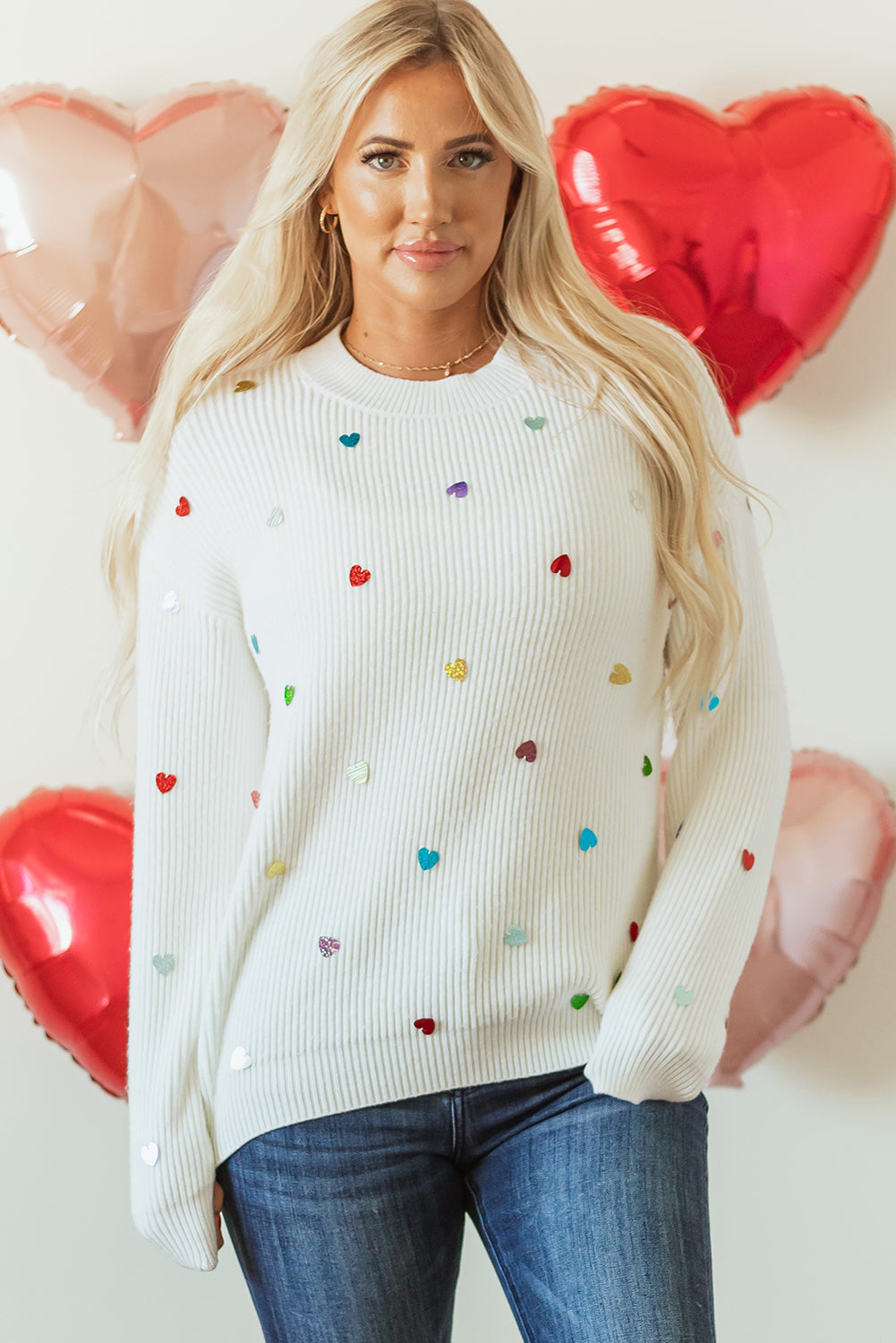 Threaded Pear Sequin Heart Waffle Knit Sweater