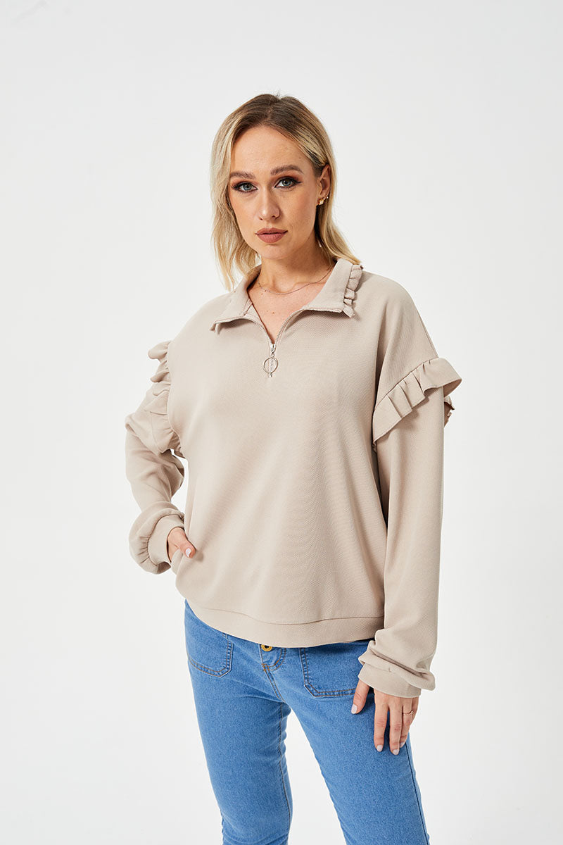 Women’s Casual Ruffle Trim Half-Zip Sweatshirt | Trendy Frill Detail Quarter-Zip Pullover | Elegant Long Sleeve Sporty Sweatshirt | Modern Loose Fit Ruffled Jumper | 2026 Stylish Fall/Winter Streetwear