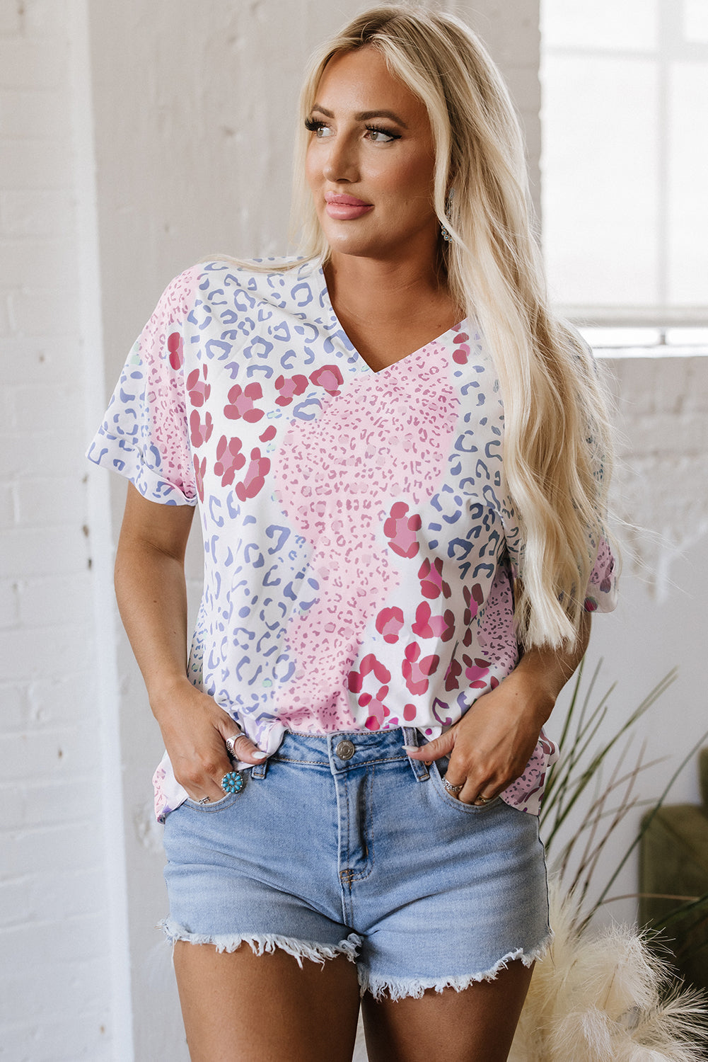 Threaded Pear Luisa Leopard V Neck Short Sleeve Blouse