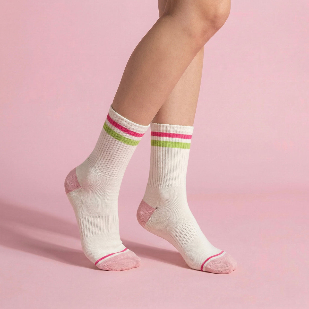 Anna-Kaci Women's 2-Pair Set Crew Athletic Socks with Striped Cuffs and Full Sole Grip for Yoga Fitness