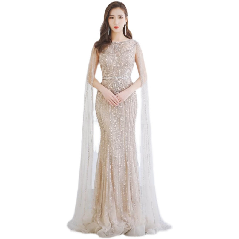 Elegant Fishtail Zipper Floating Sleeve Long Dress | Sophisticated Mermaid Host Gown | High-Sense Evening Party Dress | Luxury Flare Sleeve Formal Gown for Women
