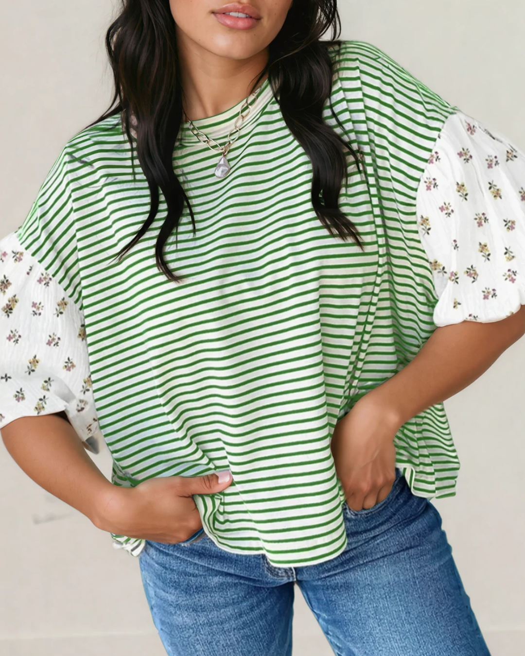 Aviva Puff Sleeve Patchwork Round Neck Loose Top - Green