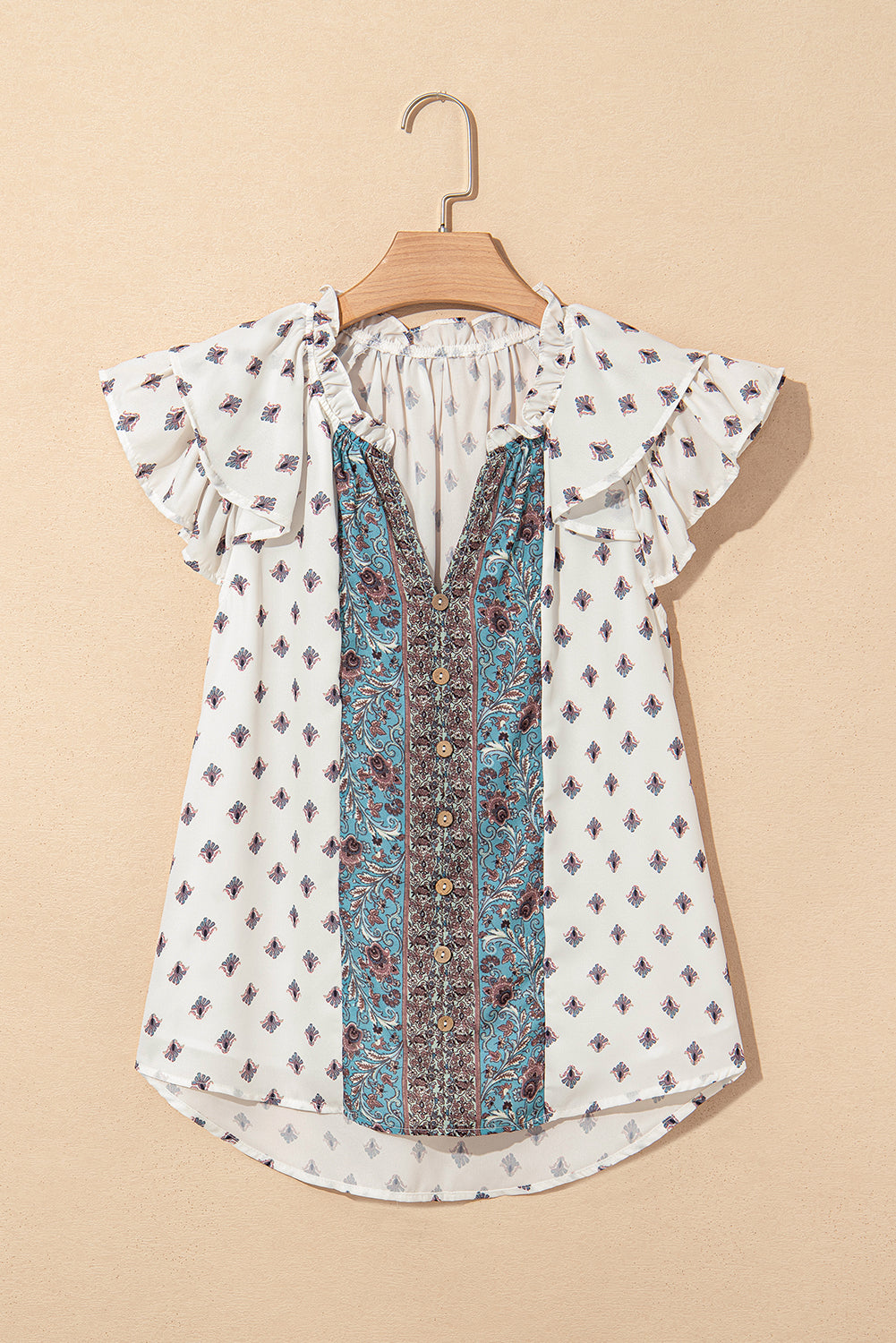 Threaded Pear Aria Boho Pattern Ruffled Sleeve V Neck Buttoned Blouse