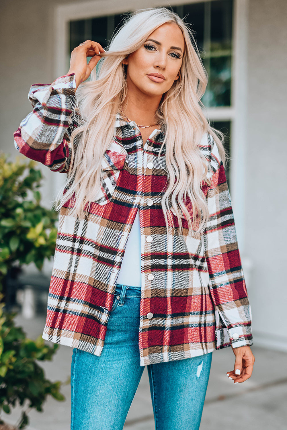 Threaded Pear Keily Plaid Pocketed Shacket