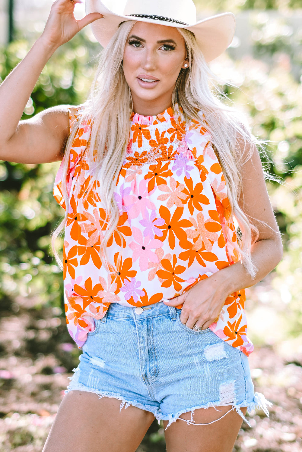 Threaded Pear Alison Ruffled Sleeve Smocked Floral Top