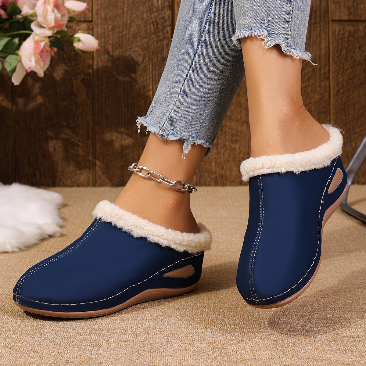 Fashion Plush Outdoor Wedge Sandals | Women’s Warm Garden Clogs & Slippers | Platform Fur-Lined Winter Garden Shoes | Non-Slip Lightweight Comfort Wedges for Women