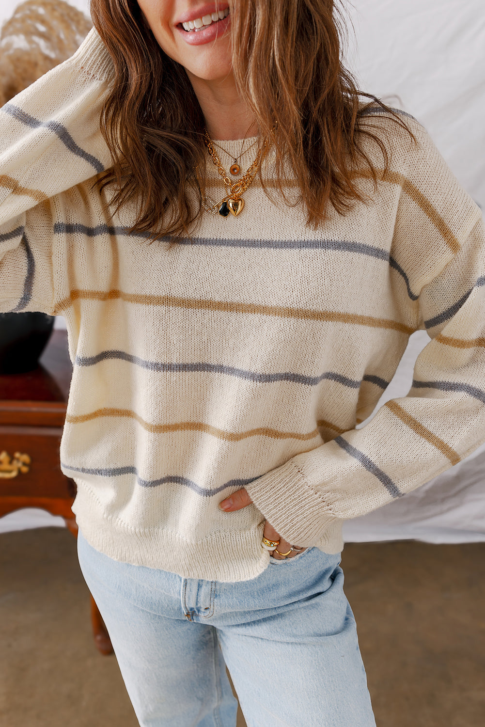 Threaded Pear Eden Striped Ribbed Edge Drop Shoulder Sweater