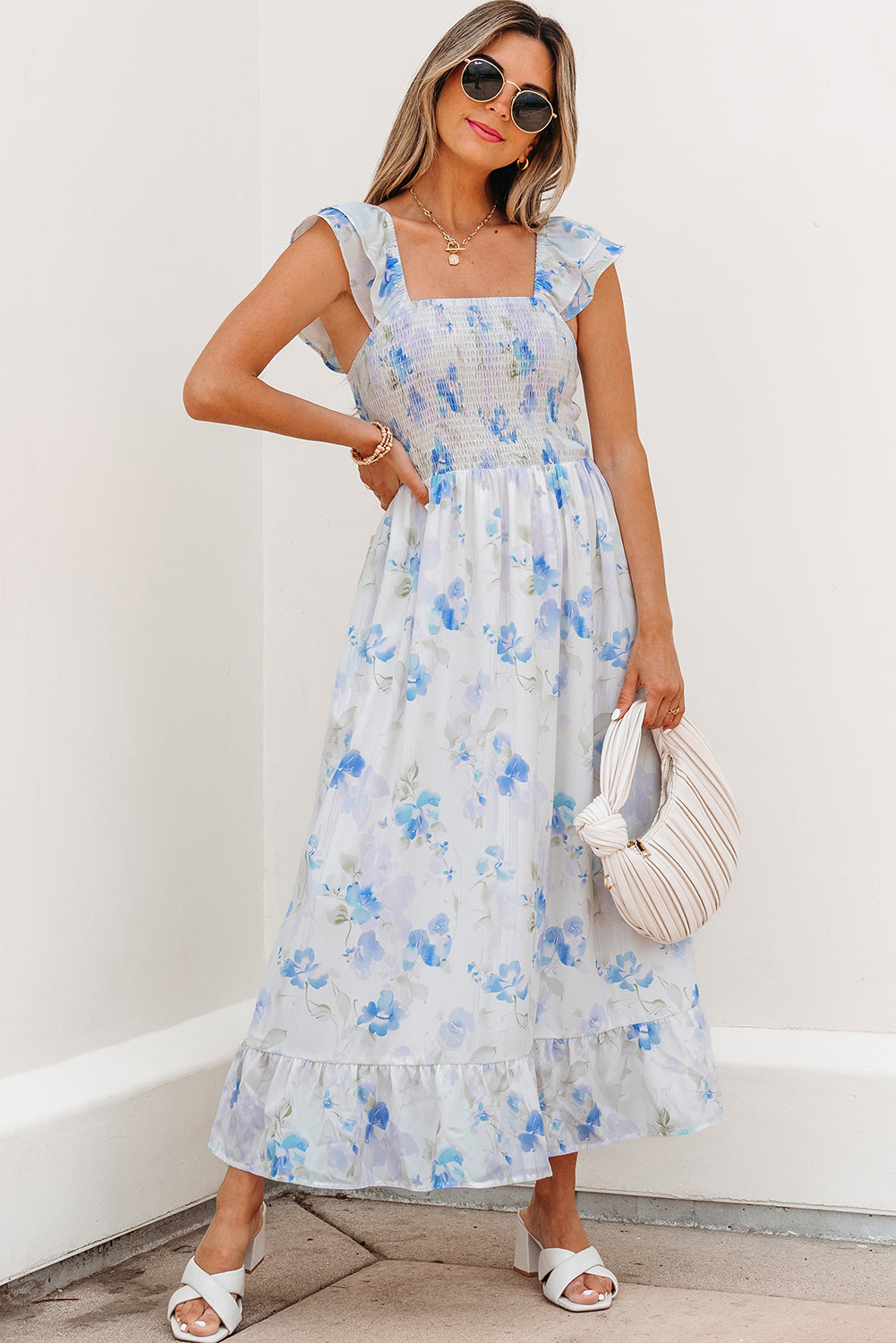 Threaded Pear Josephine Floral Smocked High Waist Sleeveless Long Dress