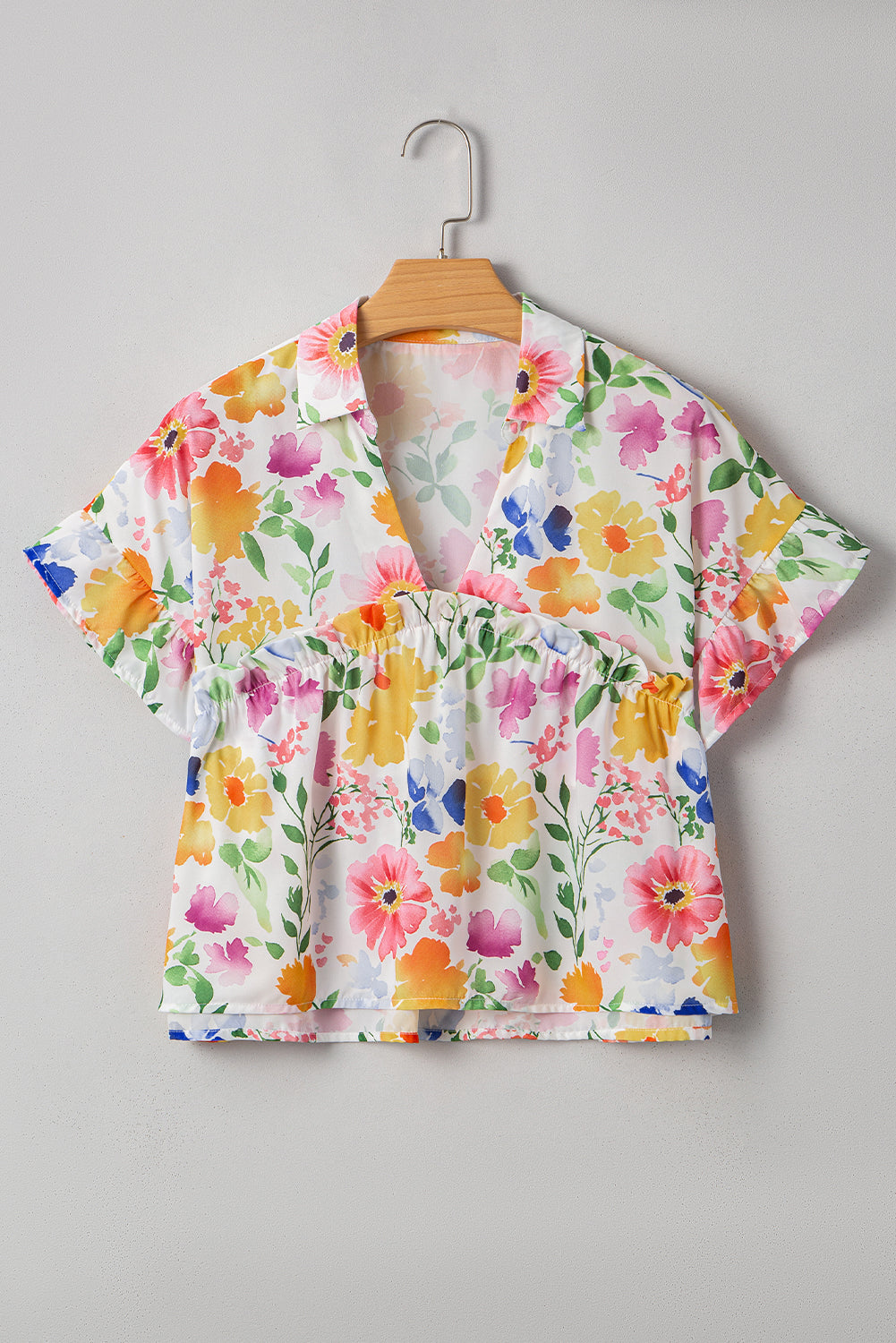 Threaded Pear Liberty Floral Boxy Fit Ruffled Short Sleeve V Neck Blouse