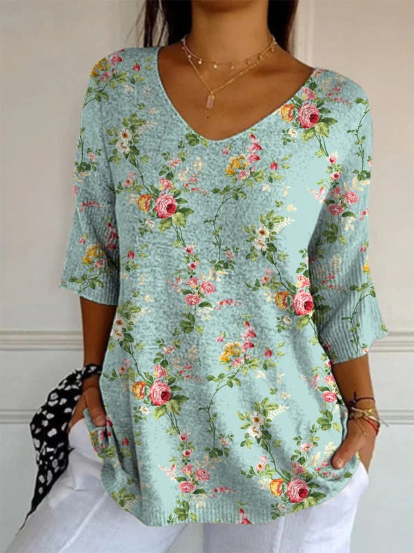 Women’s Elegant Retro Floral Print V-Neck Top | High-Sense Casual Long Sleeve Blouse | Trendy Minimalist Vintage-Style Top | Luxury-Label Statuesque Spring Wear | 2026 High-Fashion Radiant Urban Essential