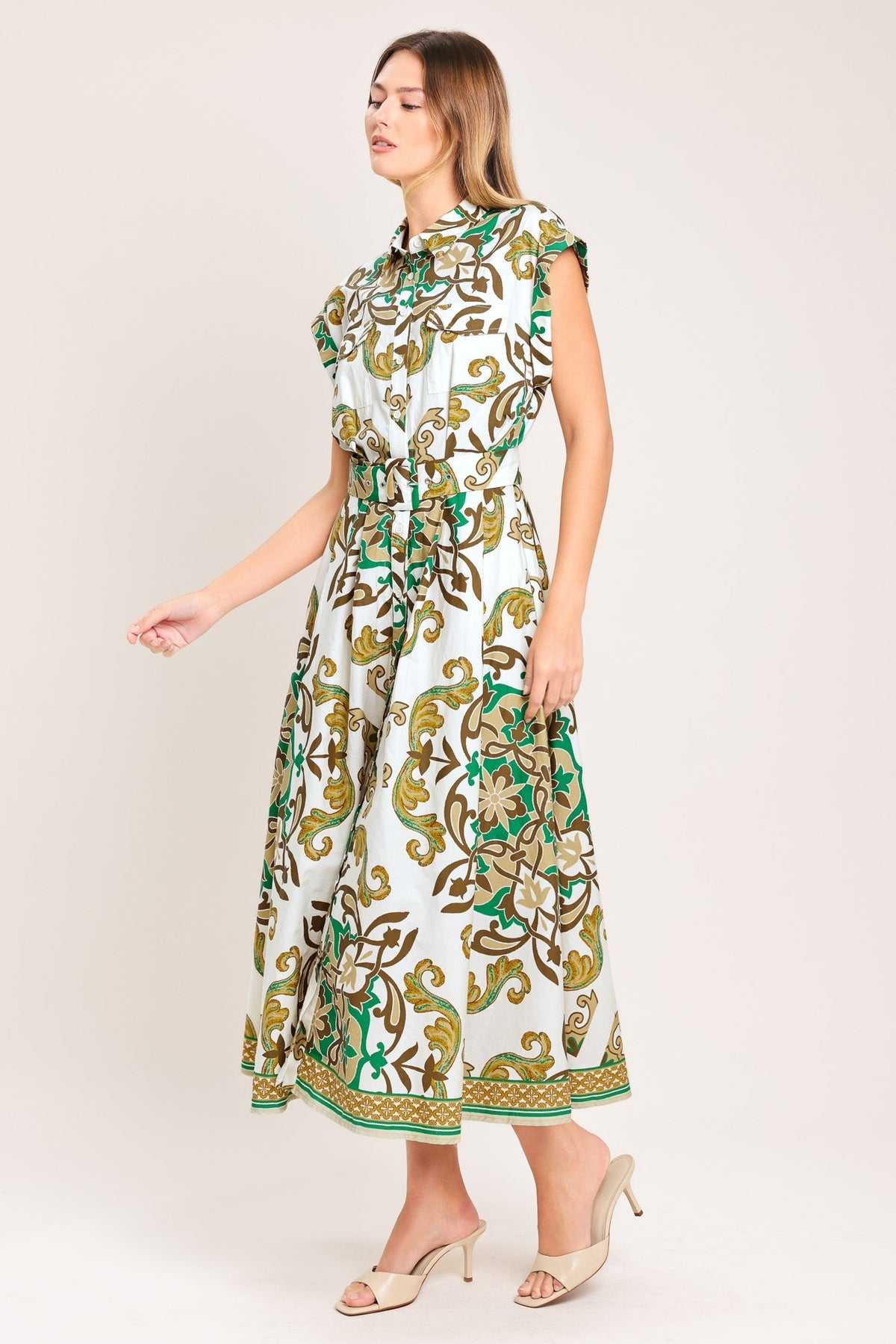 Emerald Ornate Woven Midi Shirt Dress