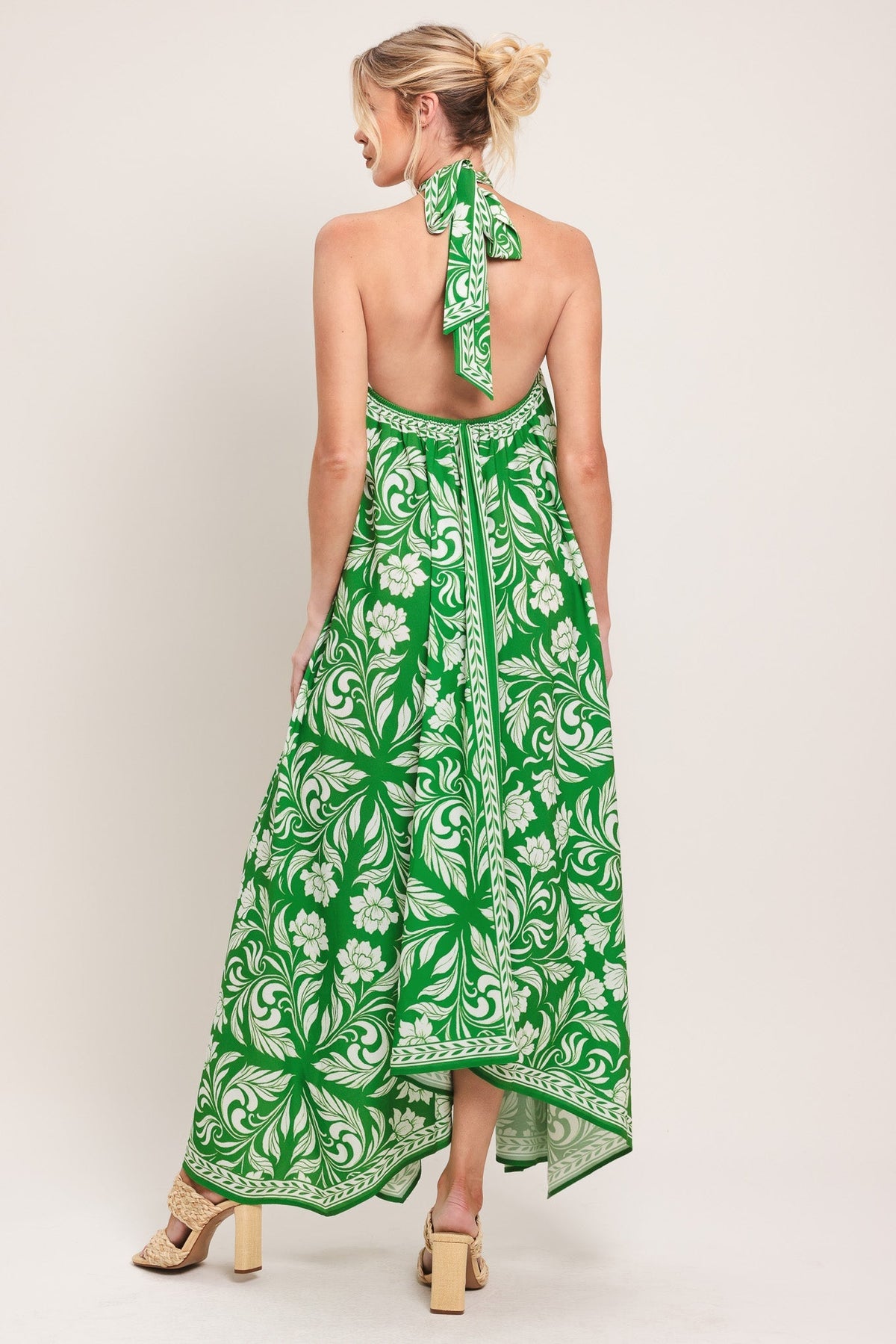 Emerald Bloom Woven Midi Scarf Dress