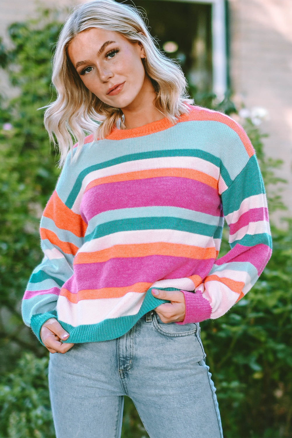 Threaded Pear Ivy Knit Drop Shoulder Puff Sleeve Sweater