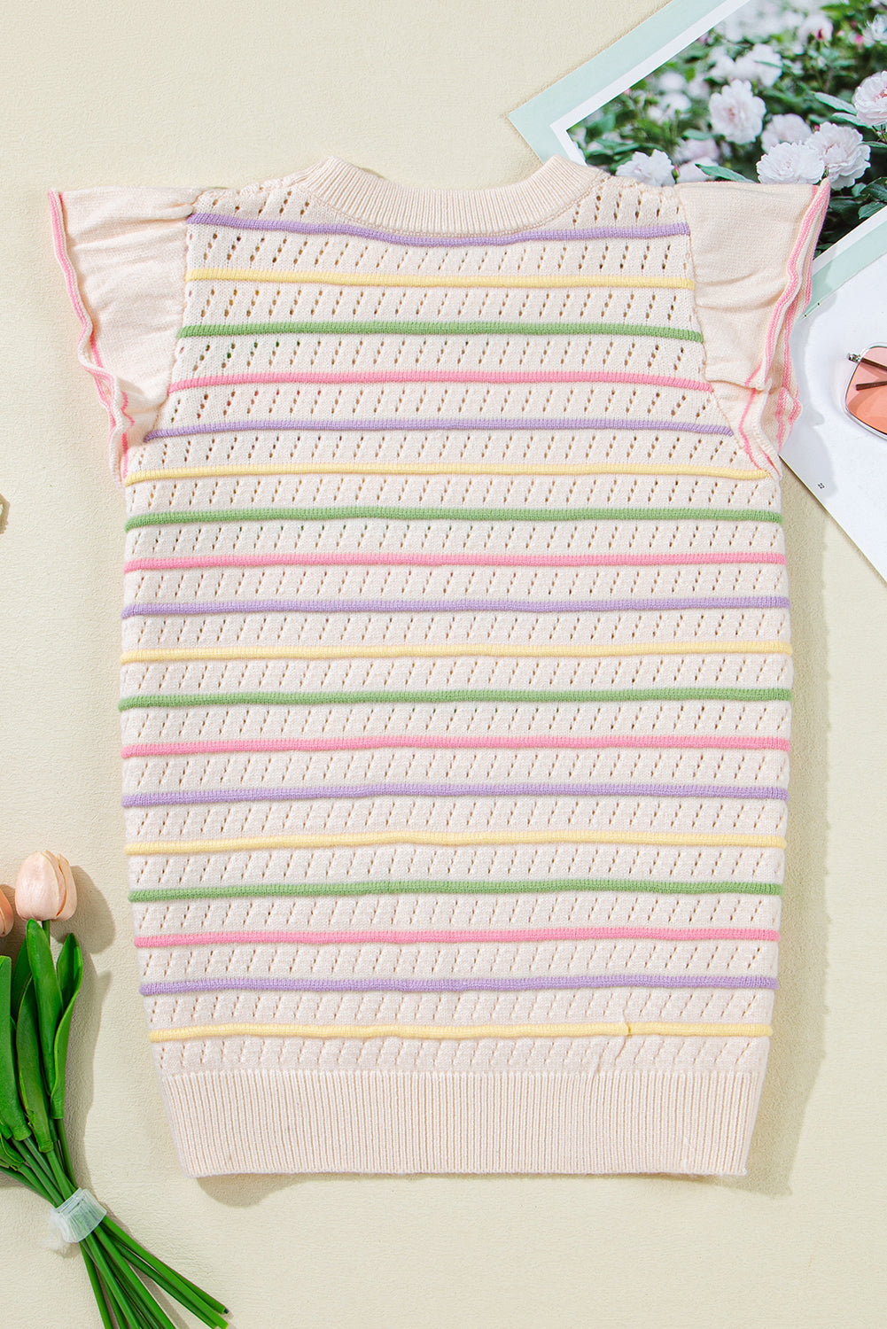 Threaded Pear Annalise Striped Eyelet Ruffled Sleeve Sweater