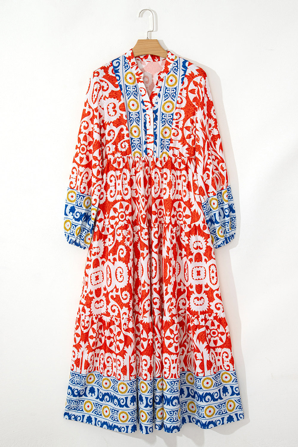 Threaded Pear Lenora Boho Geometric Printed Long Sleeve Maxi Dress