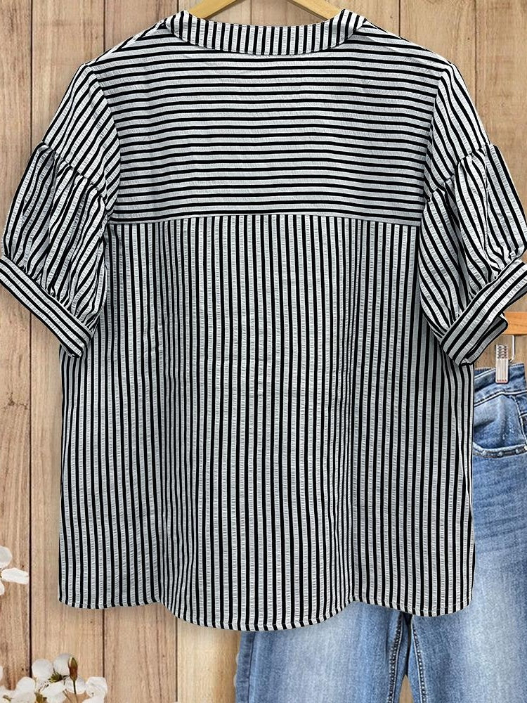 Women's Striped Half Button Yoke Gathered Puff Short Sleeve Blouse