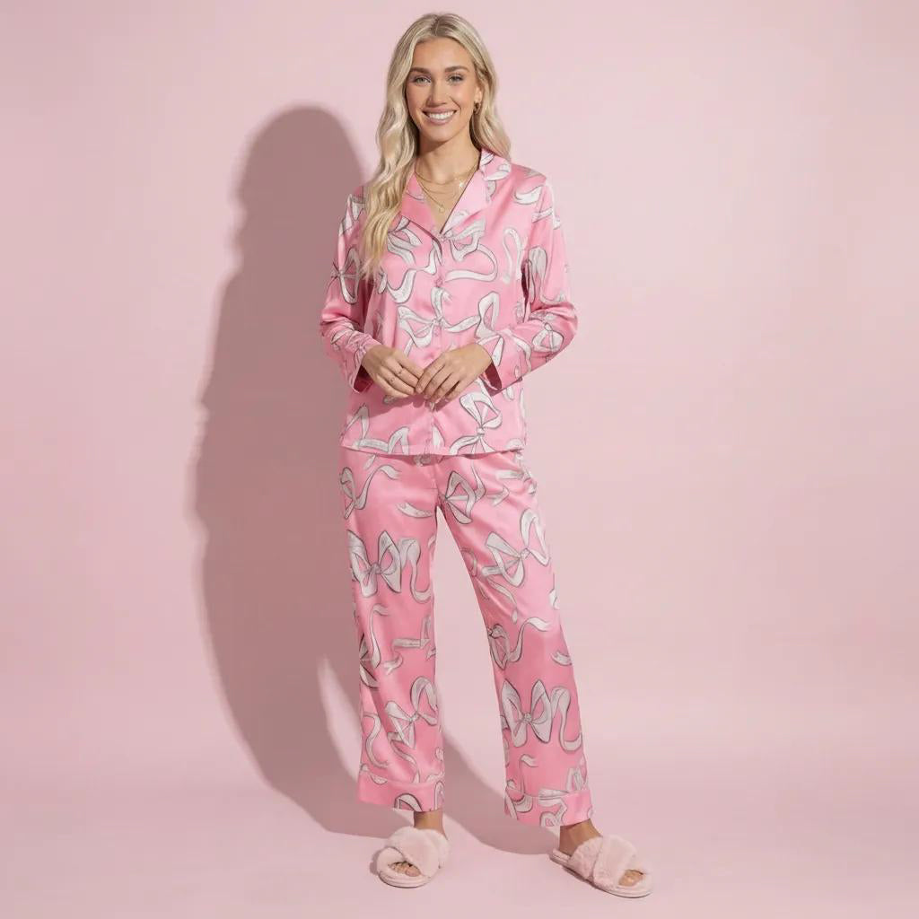 Anna-Kaci Lounge Women's 2-Piece Set Long Sleeve Button Front Pajama Set with Ribbon Print and Soft Silky Fabric for Relaxed Comfort