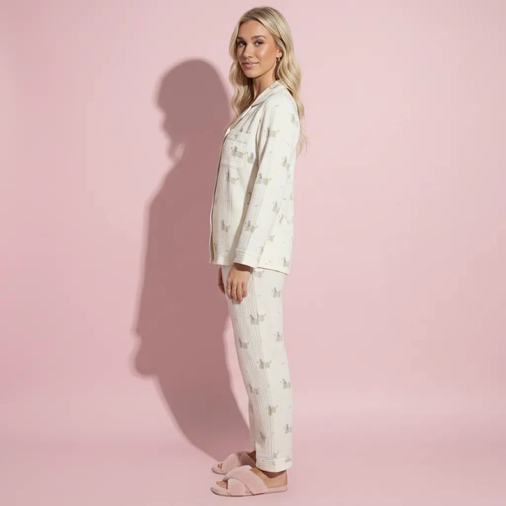 Anna-Kaci Lounge Women's 2-Piece Set Long Sleeve Button Front Top and Relaxed Fit Pants Pajama Set with Dog Print