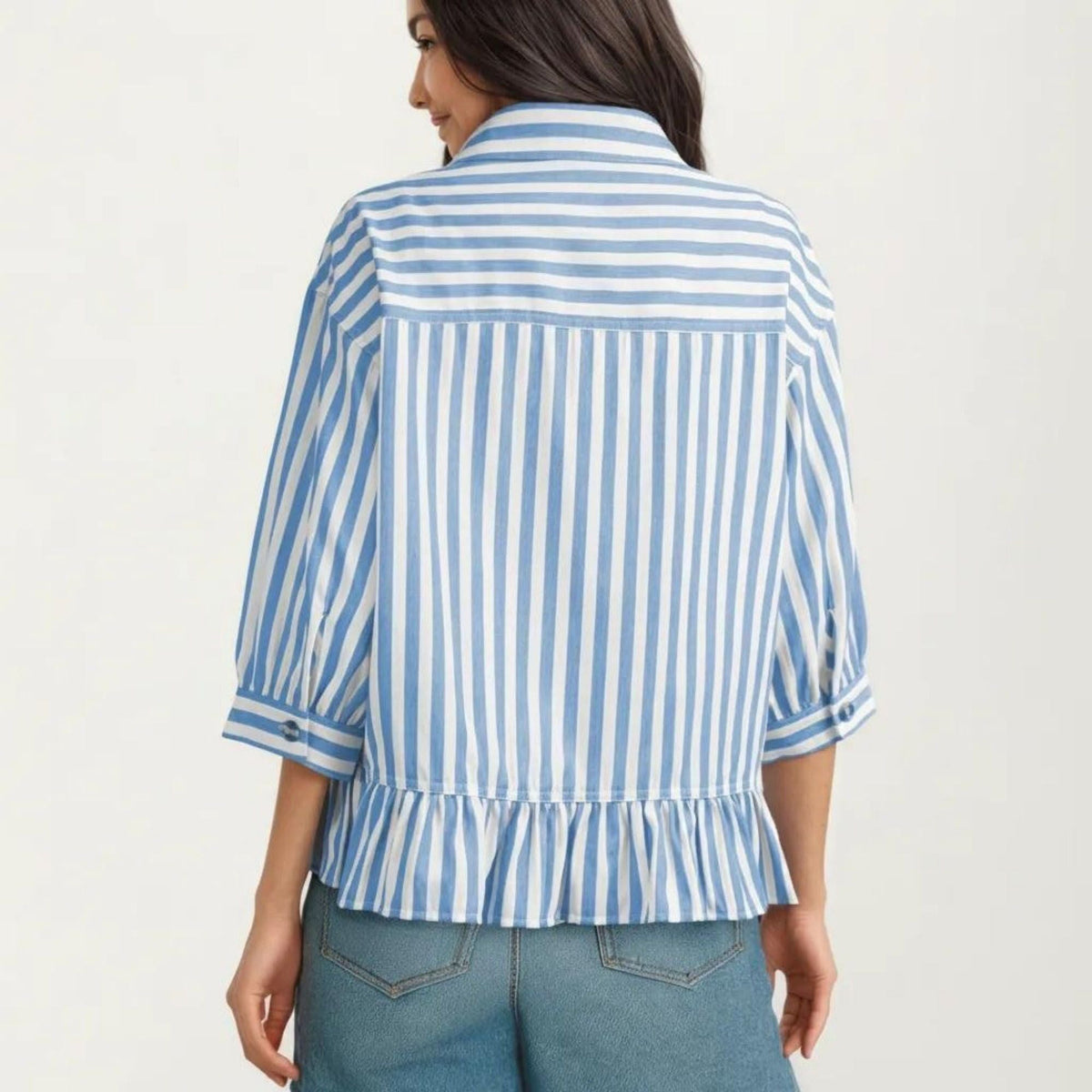 Anna-Kaci Women's Striped Button Down Blouse with Collar Three Quarter Sleeve Peplum Hem Pocket Detail Casual Shirt