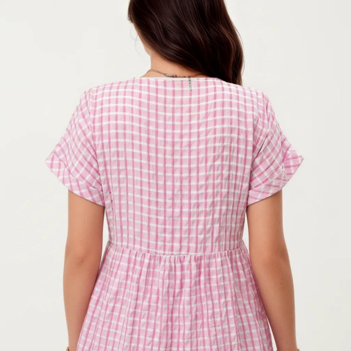 Anna-Kaci Women's Short Sleeve V Neck Plaid Mini Dress with Tiered Hem Loose Fit Casual Lightweight Summer Dress