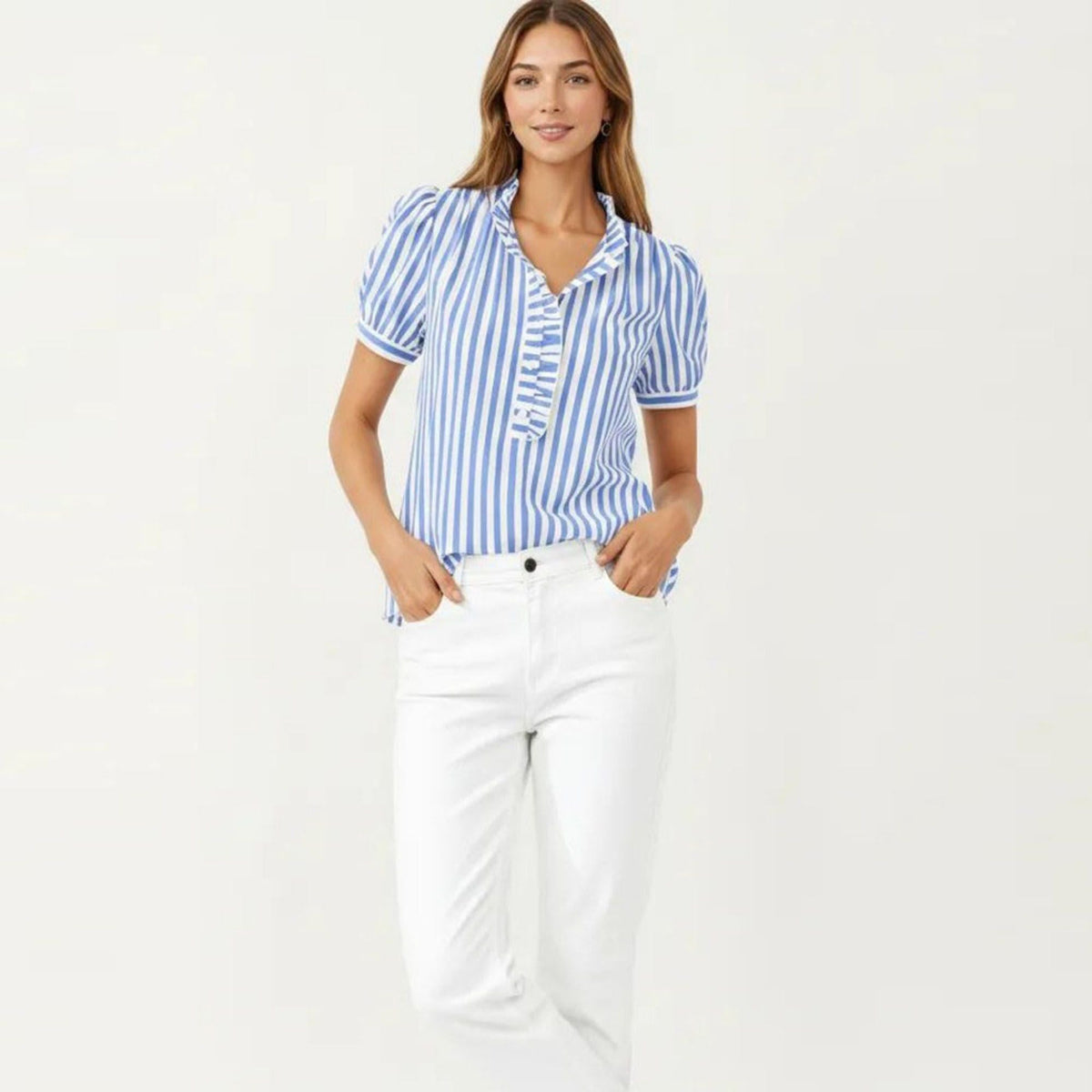 Anna-Kaci Women's Short Sleeve Striped Blouse with Ruffle Trim V Neck Puff Sleeve Lightweight Pullover Shirt