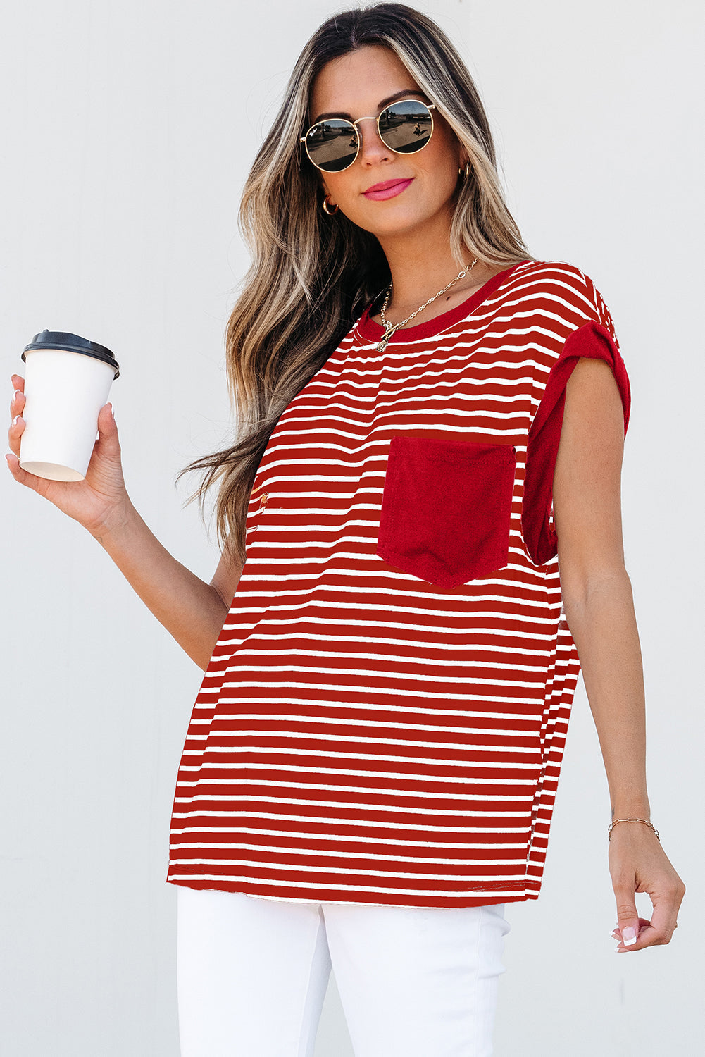 Threaded Pear Annika Stripe Round Neck Tank Top