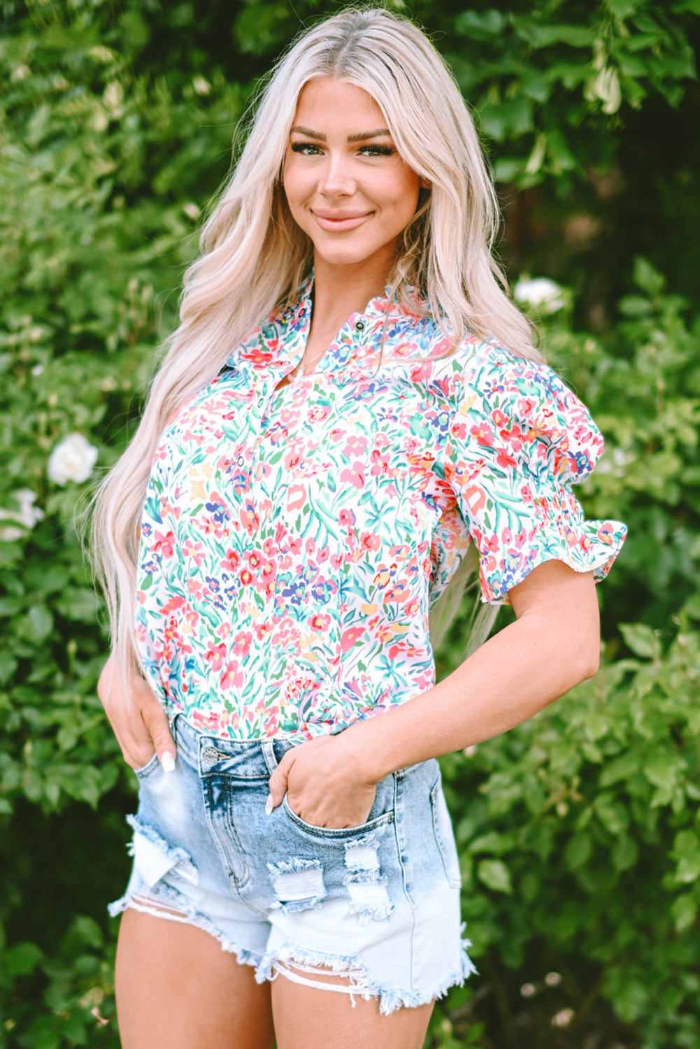 Threaded Pear Azaria Floral Print Button Split Neck Puff Sleeve Blouse