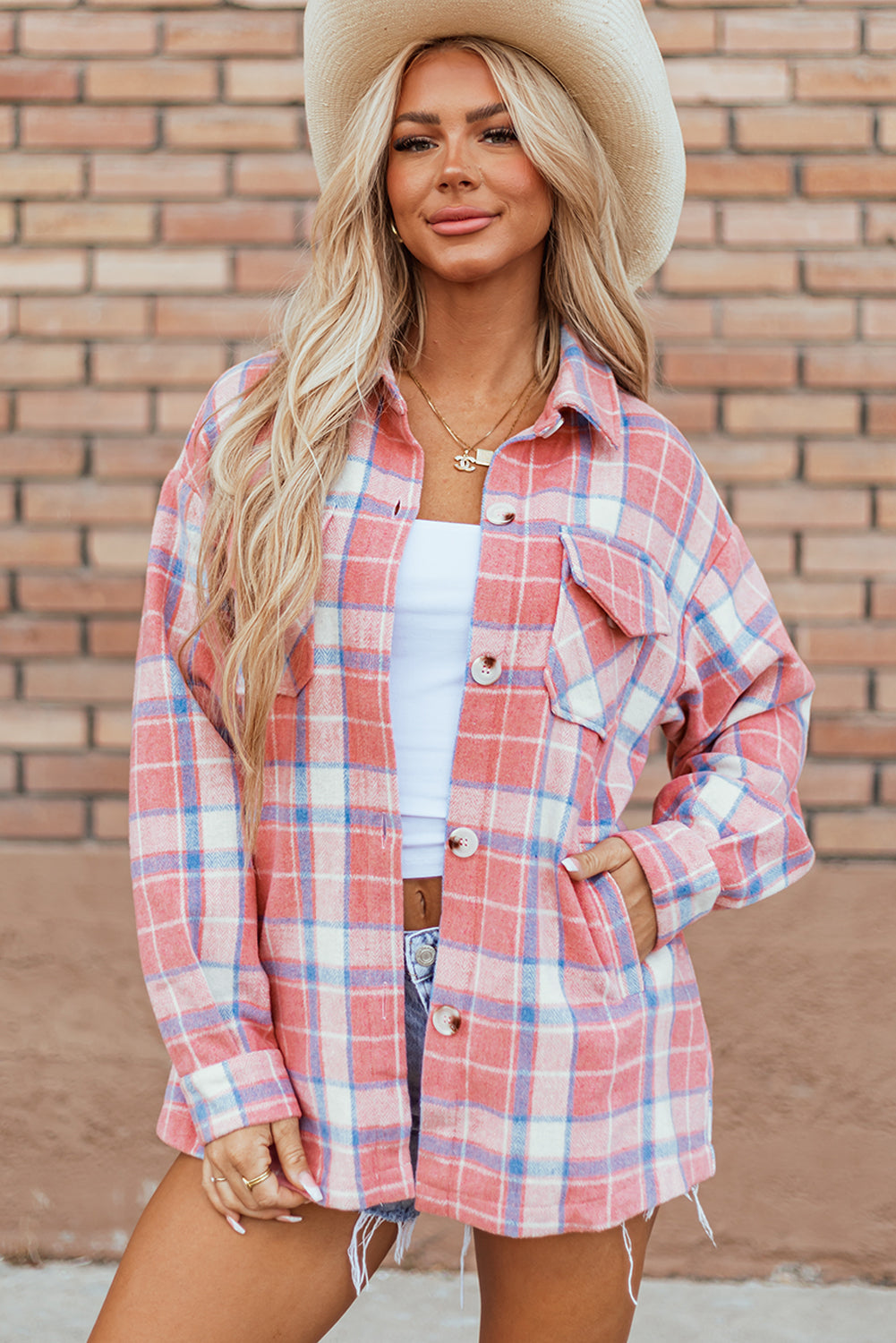 Threaded Pear Natalie Plaid Button Up Shacket